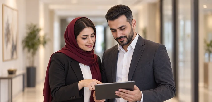 Illustrative scene: Two colleagues reviewing business processes on a tablet.