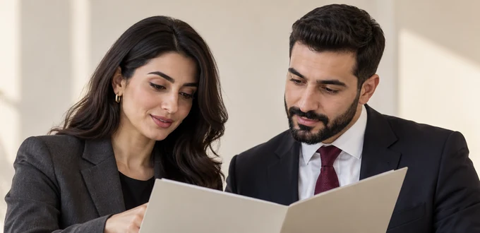Illustrative scene: Two business colleagues reviewing a supplier document pack.