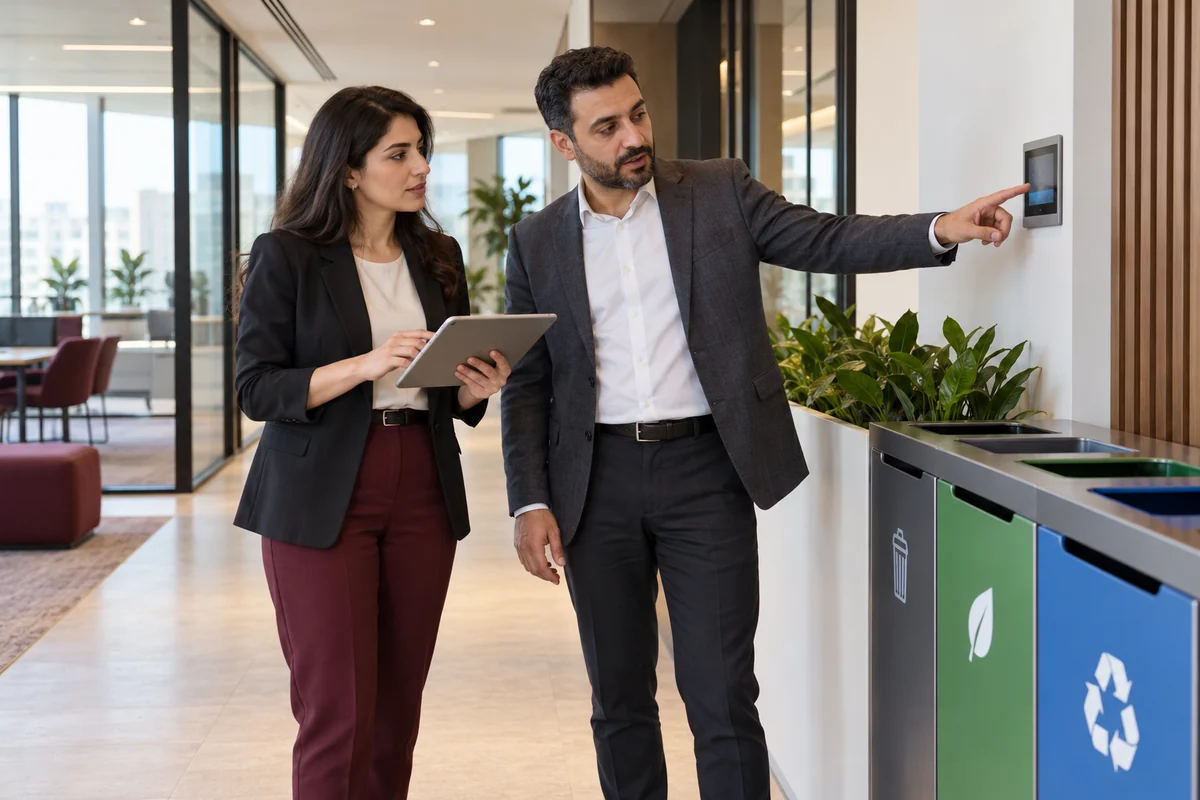 Illustrative scene: Advisor and facilities manager reviewing office energy and resource controls.