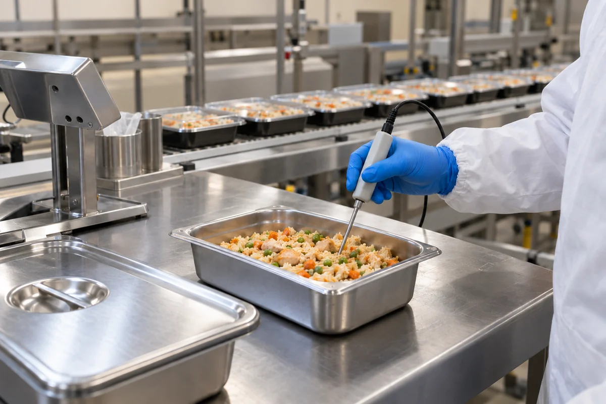 Illustrative scene: A gloved operator checking a food sample temperature at a hygienic station.