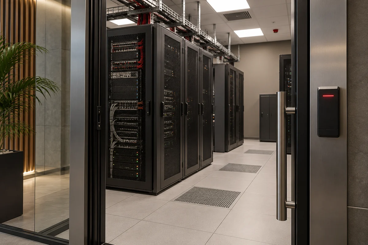 Illustrative scene: Controlled-entry doorway and orderly enterprise server racks.