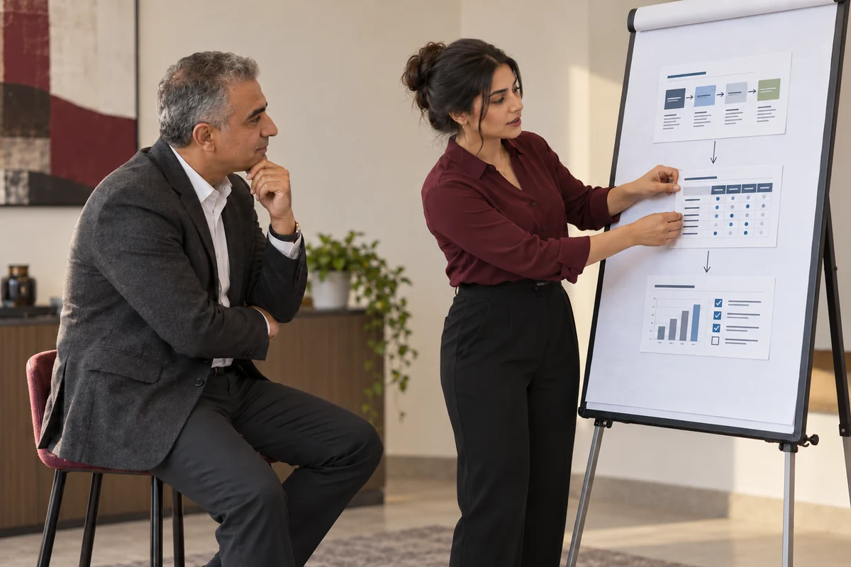 Illustrative scene: Advisor and operations manager mapping processes and responsibilities.